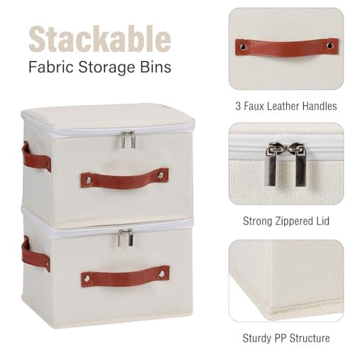 Image of Storage Bin Box with Zippered Lid Cotton Linen Fabric Decorative Basket with PU Leather Handles PP Plastic Board Foldable Lidded Clothing Shelf Closet Organizer Container (Beige, Small)