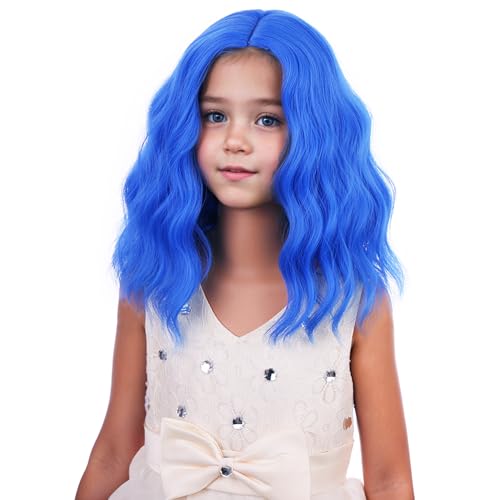 Image of PATTNIUM Dark Blue Wig for Kids Girls Short Blue Wavy Curly Wigs Side Part Bob Wigs Synthetic Halloween Cosplay Costume Hair Wig
