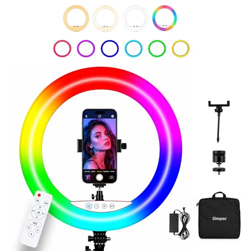 Image of Simpex 18 Inch RGB LED Ring Light Compatible with Smartphones & Cameras | 25 RGB Modes | Adjustable Brightness | Remote Control for YouTube, Makeup, Photography, Live Streaming & Video Shoot