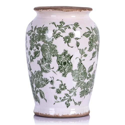 oliruim Jarrón de cerámica floral verde vintage, jarrón de flores rústico para decoración pastoral del hogar, sala de estar, centros de mesa, estantes, mesas de chimenea, jarrón de cerámica agrietada