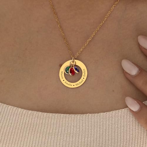Custom Birthstone Necklace Personalized Necklaces with 1-6 Engraved Names & Birthstones for Mom Grandma Women Custom Family Jewelry Gifts for Christmas Birthday Mother's Day