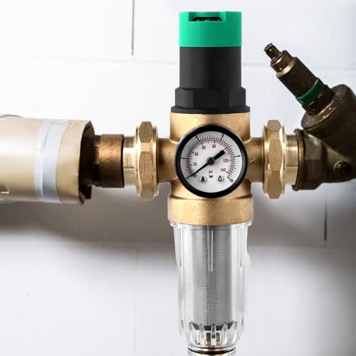 QWORK® Druckminderer Wasser 1 Zoll, Wasserdruckminderer mit Manometer, Messing Druckminderventil mit Selbstreinigendem Siebfilter