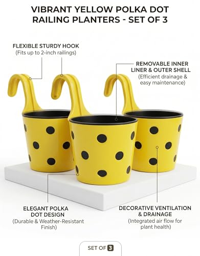 Image of Premium Hook Planter with Inner Pot | Polka Dot Hanging Planter for Balcony & Railings | Sturdy Plastic | Built-in Drainage | Vibrant Colours | Indoor & Outdoor Gardening (3, Yellow)