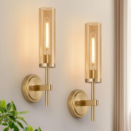 Image of MOKATNG Hardwired Wall Sconces Set of Two, Brushed Gold Bathroom Sconces with Amber Glass, Modern Wall Light Fixtures for Bathroom Mirror Vanity, Living Room, Hallway, Stairway, Cabinet, Foyer