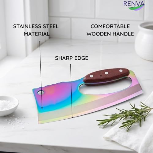 Image of RENVA Premium Carbon Stainless Steel Chef Knife Set with Wooden Handle,Kitchen Knife for Meat,Vegetable,Fruits and More(21x9cm). (Rainbow, Knife)