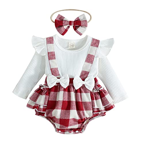 Image of Newborn Baby Girls Christmas Romper Outfit Clothes Set Long Sleeve Santa Playsuit Jumpsuit Ruffled Bodysuit + Headband