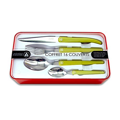 Laguiole Evolution® - Ménagère 16 pièces Design Acidulé Couleur Vert Citron - Acier INOX et ABS - Couverts de Table pour 4 Personnes - Présentation Coffret Cadeau