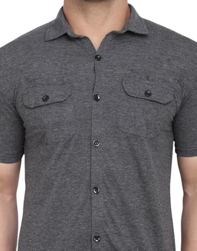 Image of Men's Half Sleeve Shirt - Spread Collar Casual Shirt with Double Flap Pockets - Slim Fit Cotton Blend Button-Down