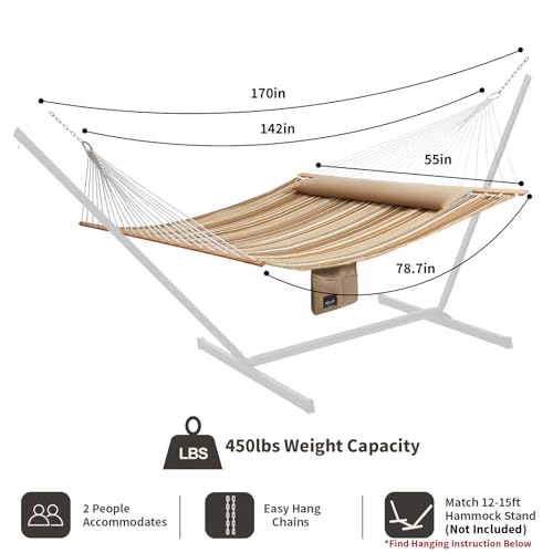 Image of Double Quilted Fabric Hammock with Hardwood Spreader Bars and Pillow 450 LBS Capacity 2 Person Large Hammock for Outdoor Patio Backyard Poolside - Brown Stripe