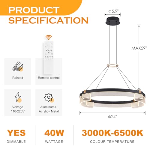 Benkut Modern LED Pendant Light Dimmable Black LED Chandelier for Dining Room Pendant Light Fixture Over Table Modern Chandelier Kitchen Island Living Room Entryway, 3000K-6500K D24in by Benkut - Used condition - Image 2