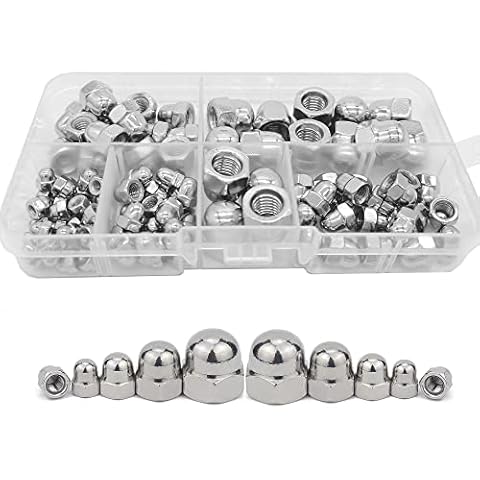 100 Pcs Stainless Steel Acorn Dome Head Hex Nuts,Head Cap Nut M8 M6 M5 M4 M3 Dome Hex Cap Nuts,Hexagon Acorn Nuts, Nuts Assortment Kit,Round Fastening Domed Cap(Silver) Cover