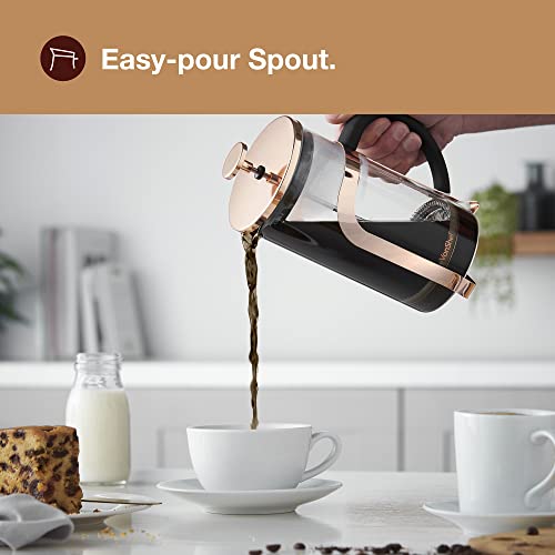 VonShef 8 Cup Cafetiere, 1L French Press, Heat Resistant Borosilicate Glass & Stainless Steel Copper Design, Filter Coffee Maker with Plunger