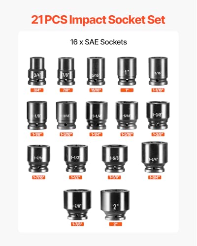 Image of VEVOR 3 /4 in Drive Impact Socket Set, 21 Pieces SAE 3 /4 in to 2 in, 6 Point Cr-V Alloy Steel for Auto Repair, Easy-to-Read Size Markings, Includes Extension Bars, Ratchet Handle and Storage Case