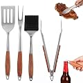 4 PCS BBQ Grilling Tools Set, Heavy-Duty Stainless Steel Spatula, Fork, Tongs, Brush with Anti-Scald Rosewood Handles, Professional Outdoor Barbecue Utensils Kit, Present for Men