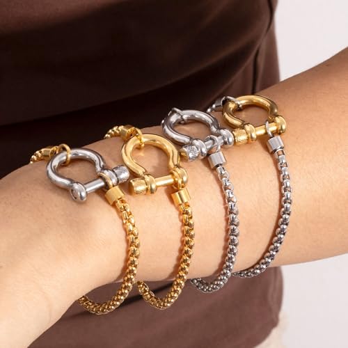 Image of Chunky Charm Bracelet Stainless Steel Foxtail Wheat Chain Bracelet Heavy Screw Anchor Shackle Horseshoe Bracelets (GoldSmall)