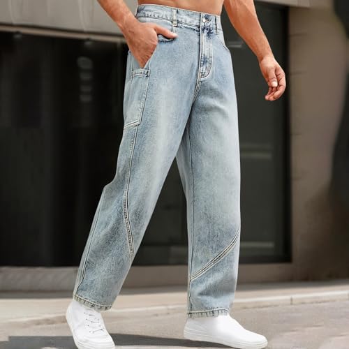 Mens Casual Denim Pants Vintage Washed Old Waist Button Straight Leg Trosuers Loose Comfy Jean with Pocket Streetwear2