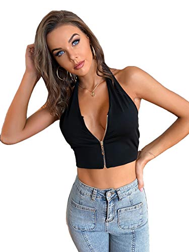 Shein Women's Half Zipper Sleeveless Halter Crop Tops Backless Plain Tanks Black Large #TOP28
