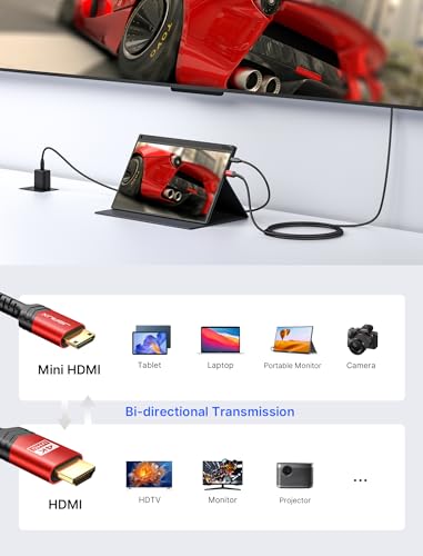 Image of Mini HDMI to HDMI Cable 6FT, JSAUX [Aluminum Shell, Braided] High Speed 4K 60Hz HDMI 2.0 Cord, Compatible with Camera, Camcorder, Tablet and Graphics /Video Card, Laptop, Raspberry Pi Zero W -Redaa‚¬¦