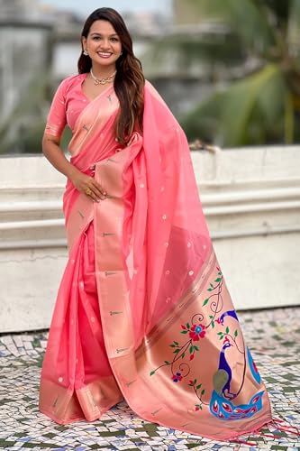 Image of SGF11 Women's Organza Kanjivaram Pure Soft Silk Handloom Saree Pure Golden Zari With Blouse Piece