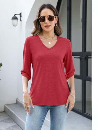 Image of TICTICMIMI Womens Tops 3 /4 Length Sleeve V Neck Casual Trendy Button Tunic Tops Summer Basic T-Shirts Loose Fit Pullover