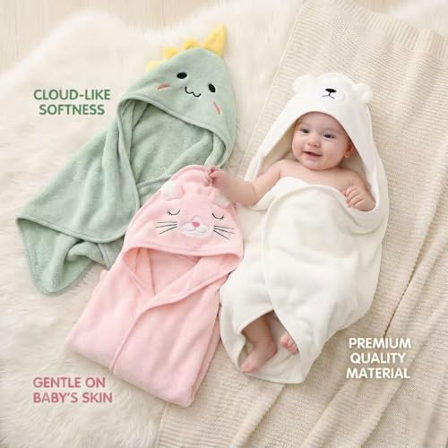 Image of Hooded Baby Towel - 3 Pack Premium Soft Bath Towel for Baby, Newborn,Infant - Ultra Absorbent,Natural Baby Stuff Towel, Soft Coral Velvet Coral Fleece Bath Towel for Boys and Girls