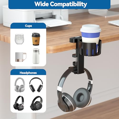 KDD 2-in-1 Headset Halterung Gaming mit Getränkehalter Tisch - Schwenkbar Kopfhörer Halter & Schreibtisch Kopfhörer Halterung für Kaffeetassen, Becher und Kopfhörer für Pc Gaming Zubehör（Schwarz）