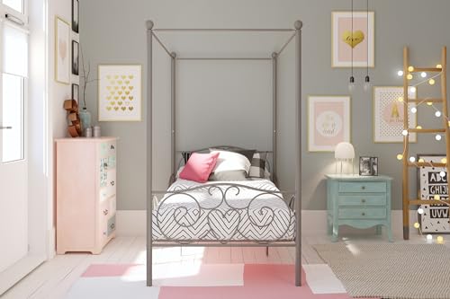 DHP Metal Canopy Kids Platform Bed with Four Poster Design, Scrollwork Headboard and Footboard, Underbed Storage Space, No Box Sring Needed, Twin, Pewter
