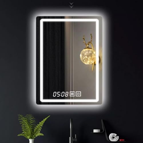 Miroir de salle de bain intelligent antibuée avec LED 3 couleurs et affichage heure température