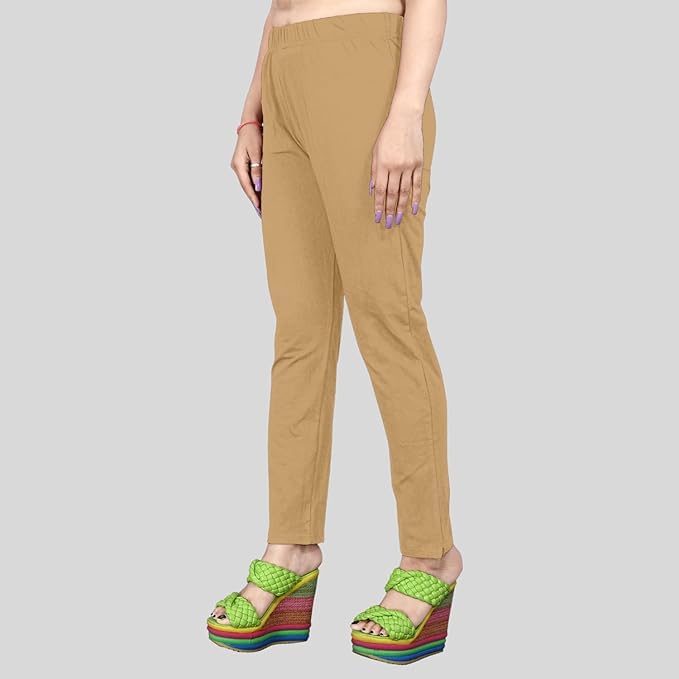 Image of Women's Solid Cotton Lycra Pants-High Waist Slim Fit Stretchable Leggings - Comfortable Long Trousers for Casual, Office & Everyday Wear