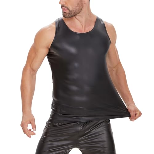 Men Sexy Leather Tank Top, Soft Matte, Plus Size, Male Black Shiny Vest