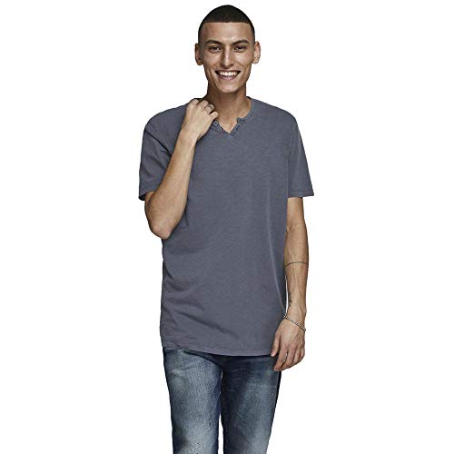 JACK & JONES Herren Basic T-Shirt V-Ausschnitt Kurzarm Jersey Baumwolle Shirt mit Knöpfen JJESPLIT, Farben:Navy, Größe:M