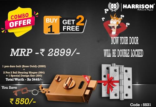 Image of Harrison Main Door Lock Hinge Free / 1 Duro Bolt 5530 Rose Gold Finish 5 Computerised Key with 2 Hinge 0971 SS Finish and Key Ring /Mild Steel Material /Door Lock, Rim Lock, Dead Bolt Lock
