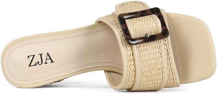 ZJA Raffia Sandals for Women Block Heels Square Open Toe Heeled Dress Chunky Mules Slip on Shoes