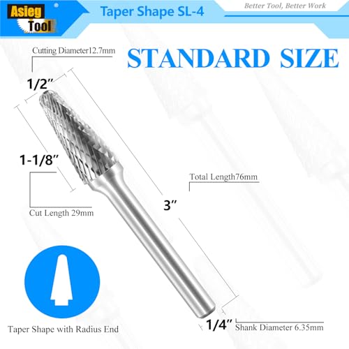 Image of SL-4 Tungsten Carbide Burr Rotary File Taper Shape with Radius End Double Cut with 1 /4 inch Shank for Die Grinder Drill Bit
