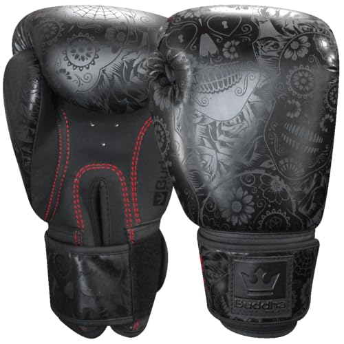 BUDDHA FIGHT WEAR - Guantes de Boxeo Fantasy Mexican Negro- Muay Thai - Kick Boxing - Piel Sintética Tejido Interior Resistente A Olores - Costura Reforzada (Negro y Negro Mate, 14 Onz)