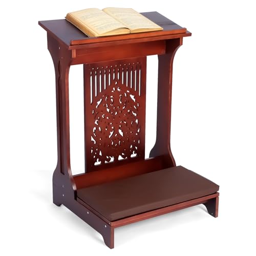 Colingmill Tree of Life Church Prayer Bench Stool Wooden Padded Kneeler with Shelf and Cushion Prayer Kneeler for Home Church Religious Gifts 24 x 22 x 32 inches(Walnut Color)
