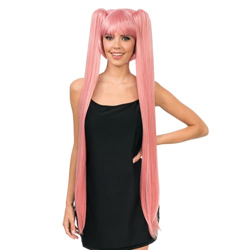Chaks - Cosplay Perücke mit Pony, zwei lange Zöpfe, 99 cm, Langhaarperücke für Karneval, Festival
