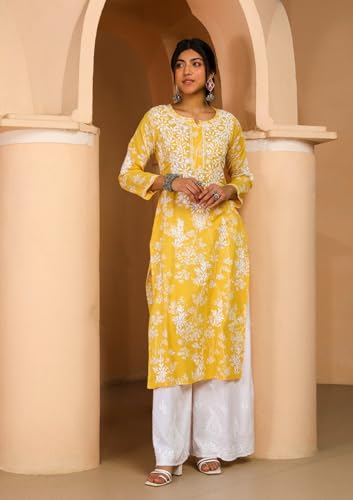 Image of GoSriKi Cotton Blend Embroidered Straight Kurta for Women | Cotton Blend Pink | 3 /4 Sleeve | Round Neck V-Slit | Ethnic Wear Casual Wear