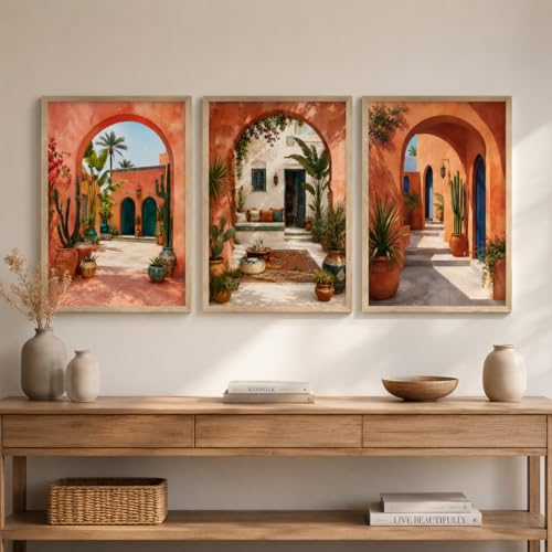 Image of Livin'luxe Set of 3 Mediterranean Arch Courtyard Wall Paintings for Living Room Bedroom Hallway Decor with Premium Wooden Color Synthetic Frame (13.5 x 19.5 Inch) NM03-99