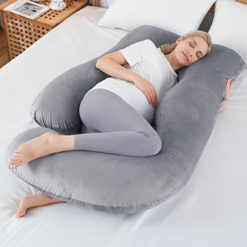 Pregnancy Pillows For Sleeping J-Shape Full Body Pillow And Maternity Support - For Back, HIPS, Legs, Belly For Pregnant Women With Removable Washable Velvet Cover (Grey) | CO