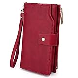 UTO - Mujer Cartera de Bloqueo de RFID PU Cuero Monedero Largo 21 Ranuras para Tarjetas Monedero Gran Capacidad Bolsillo para Móvil Rojo A