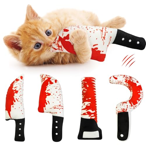 Idepet 4 Pcs Cat Toys Catnip Crinkly Sound Toy Horror Toys Knife-Shaped Kitten Bite Teething Chew Toys for Indoor All Breeds Cats Exercise