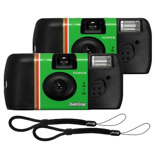 Fujifilm QuickSnap Flash 400 Disposable Camera 2 Pack 35mm Film Cameras + Moshify Adjustable Wrist Strap Fuji Disposable Camera Set for Weddings Parties Travel Events