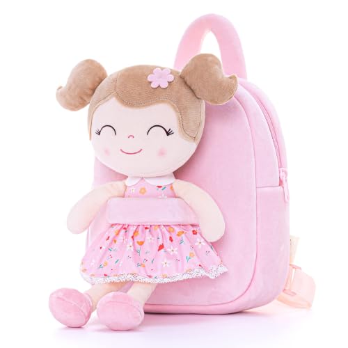 Image of Gloveleya Kids Backpacks Girls Backpack Plush Bags Diaper Bag Backpack with Floral Doll Pink