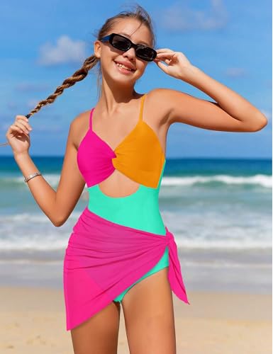 NECIOUS Girls Swimsuit One Piece Girl Bathing Suits Color Block Cutout Teen Girls' Swimwear with Cover Up Skirt Size 14-162