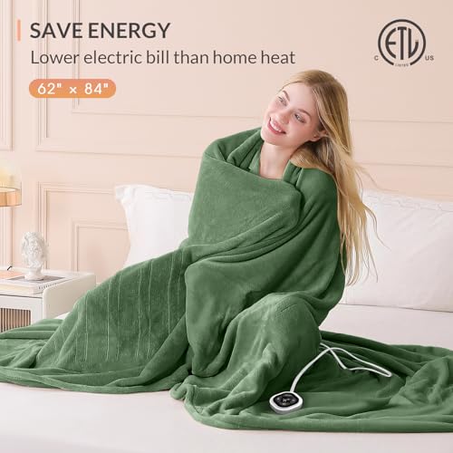 Image of HOMLYNS LuxeHeat Heated Blanket Electric Blanket Twin Size, Soft Flannel Sherpa Heating Blanket with 10 Heat Settings, 1-10 hrs Timer Auto Shut Off (62x84 inches, Green), Only for 120V Voltage Use