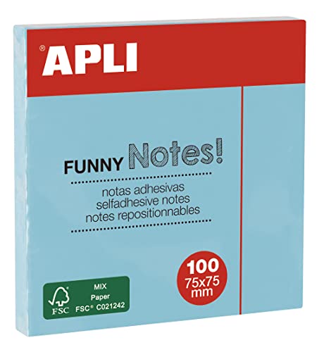 APLI 19085 - Notas adhesivas FUNNY 75 x 75 mm - Bloc de 100 hojas color AZUL pastel