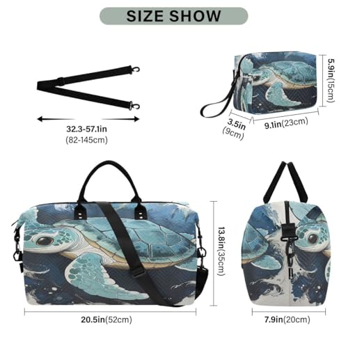 Cartoon Sea Turtle White Travel Duffle Bag Gym Bag Weekender Bags with Toiletry Bag Travel Trip Tote Bag3