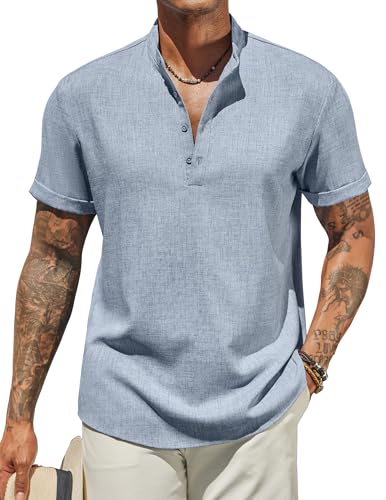 COOFANDY Men's Casual Linen Henley Shirts Short Sleeve Band Collar Summer Beach Vacation T-Shirts