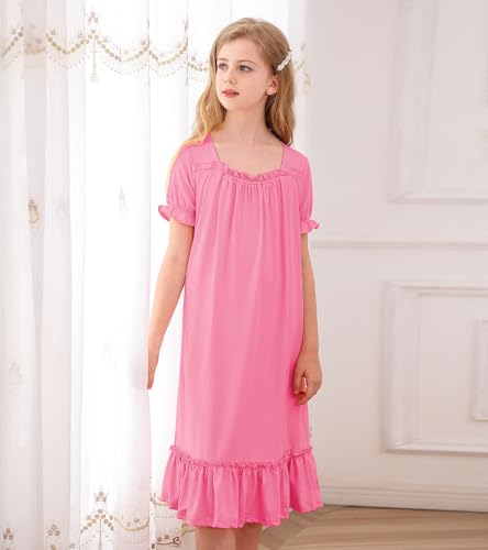 uideazone Girls Nightgowns Puff Short Sleeve Sleepwear Victorian Nightdress Soft Princess Pajamas Dress Size 5-12 Years3